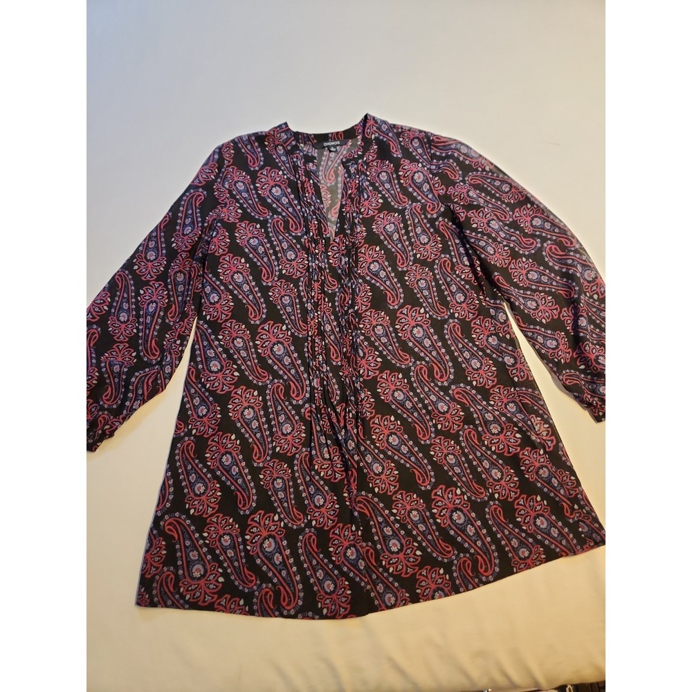 Chadwicks Womens Paisley Pintuckβ Tunic Blouse Red Blue Long Sleeve Size L